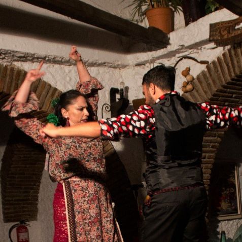 Two persons dancing flamenco in a flamenco show.